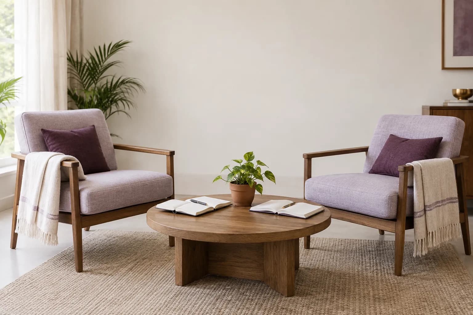 Two lavender armchairs facing each other across a low wooden table with open notebooks