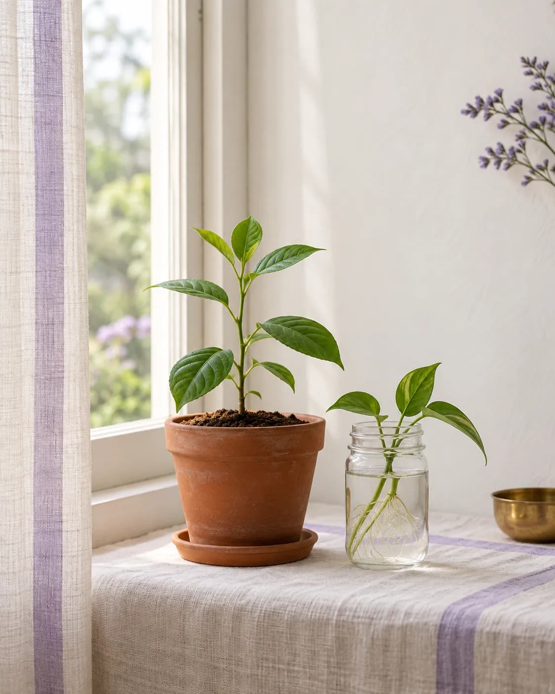 A young sapling in a terracotta pot on a sunlit windowsill