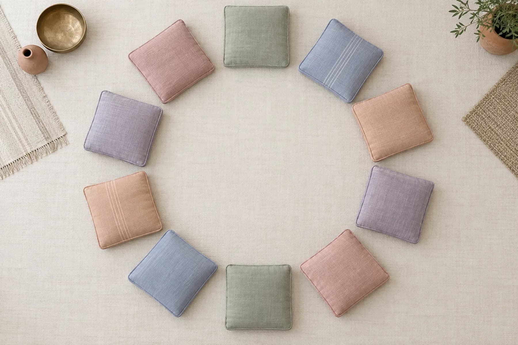 Cushions arranged in a circle for a group session