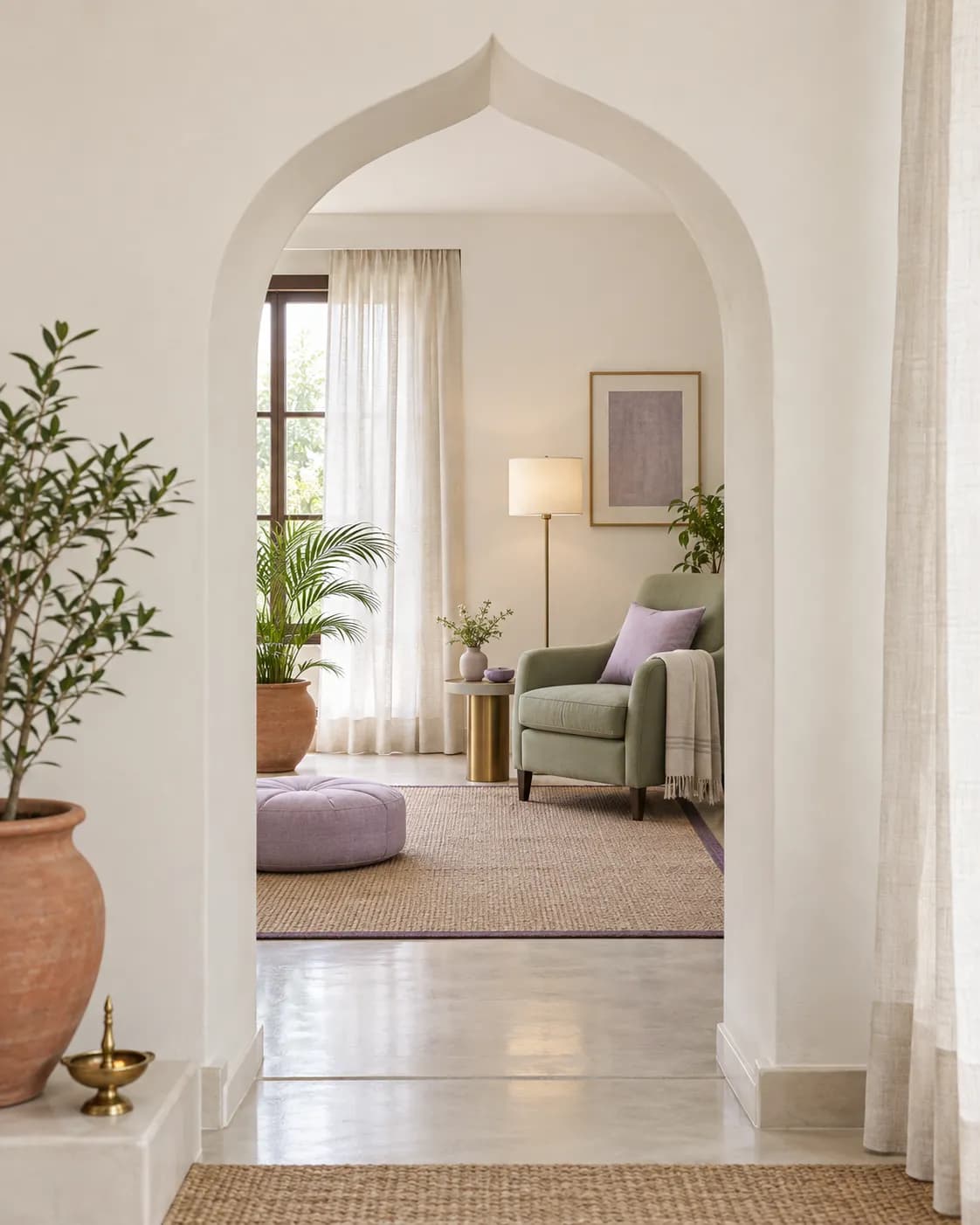 A white pointed archway opening onto a calm therapy room with an armchair, a floor cushion and sheer curtains